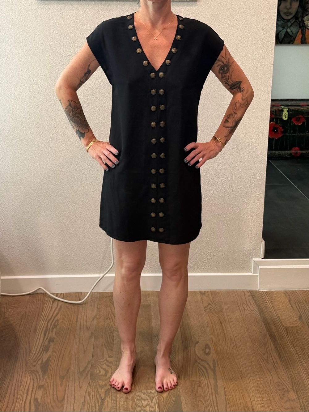5/48 Black V-Neck Mini Dress with Brass Button Detail